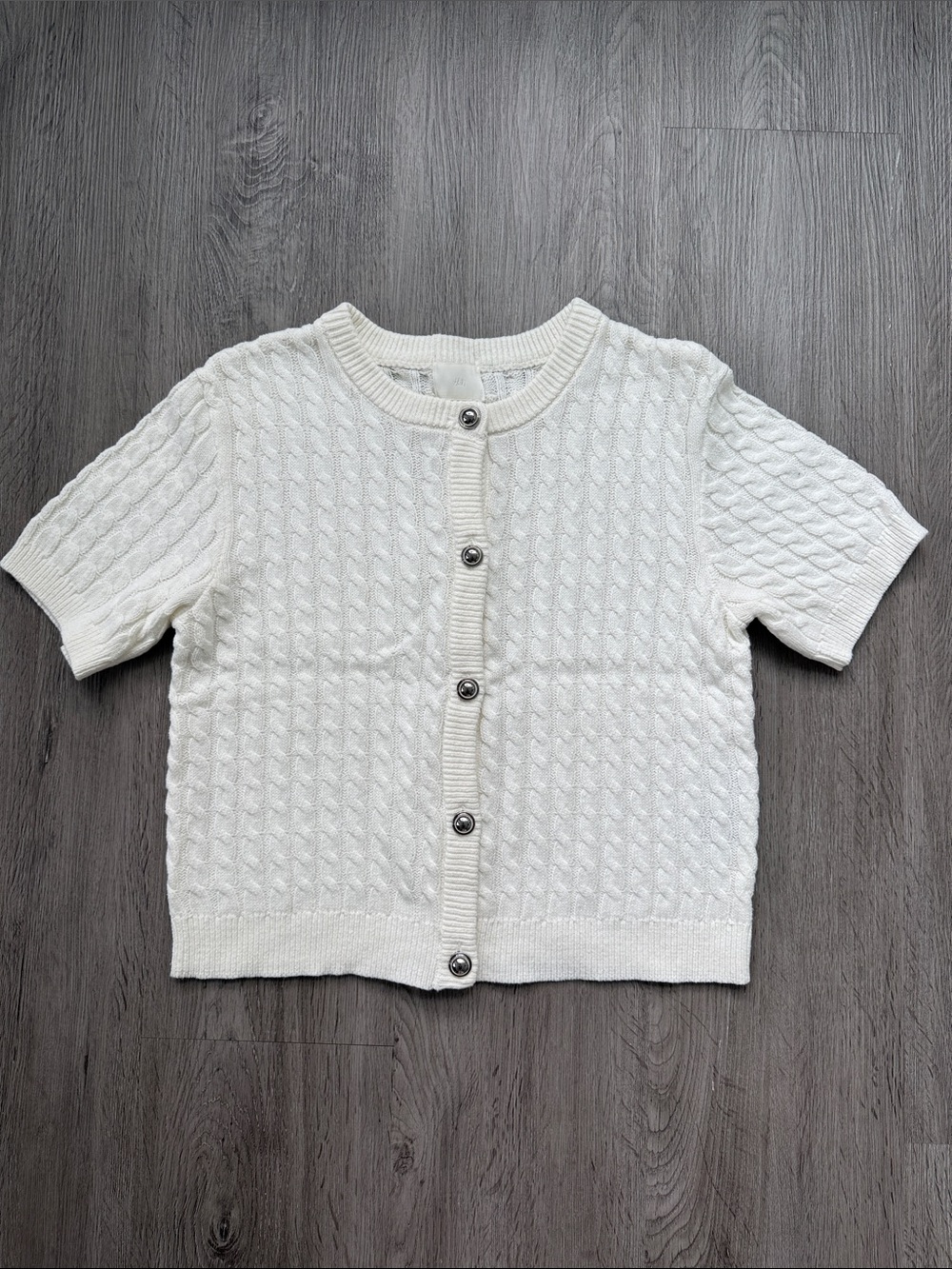 H&M White Short-Sleeve Cable-Knit Button Cardigan